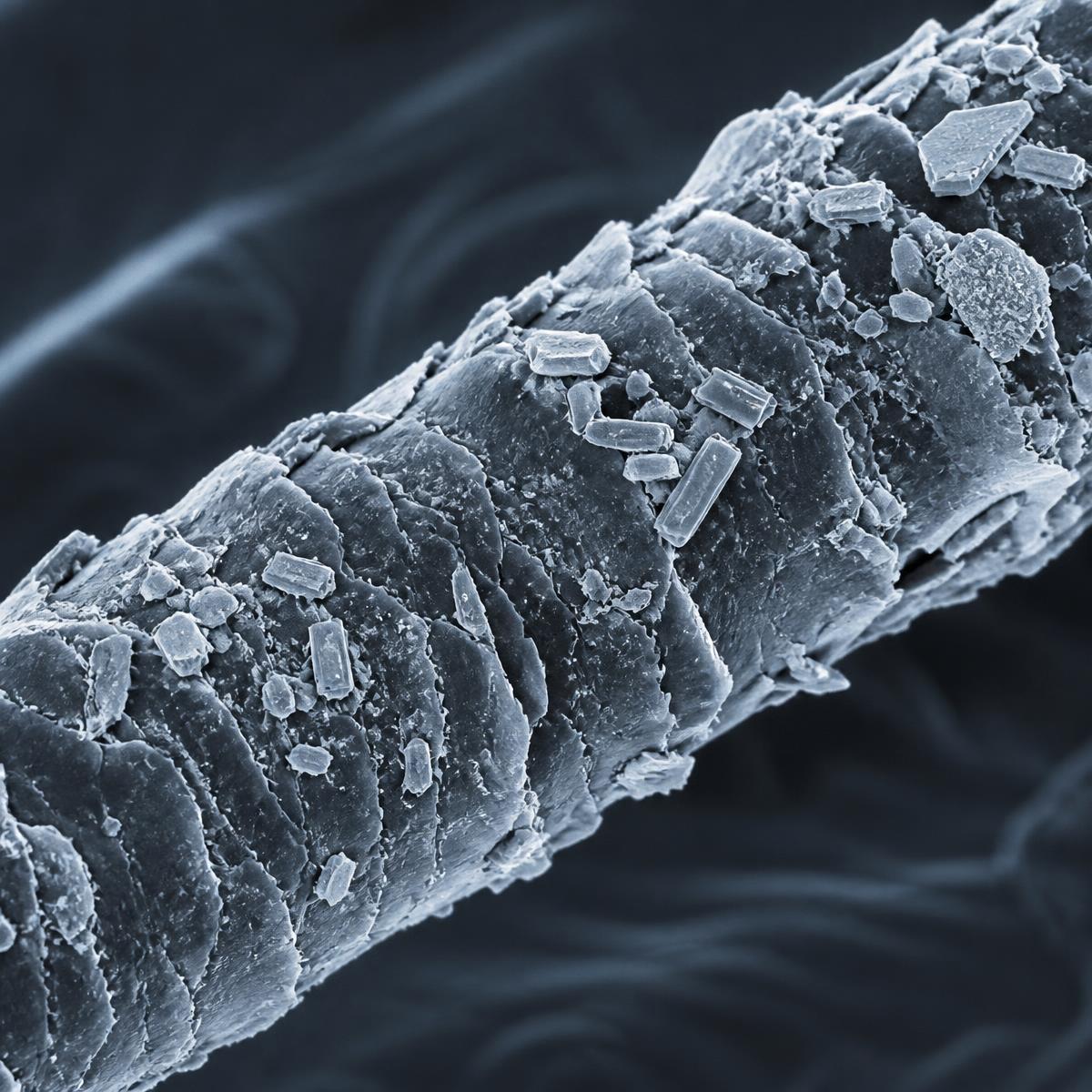 Vue microscopique d'une fibre capillaire dont les écailles sont couvertes de cristaux de calcium.